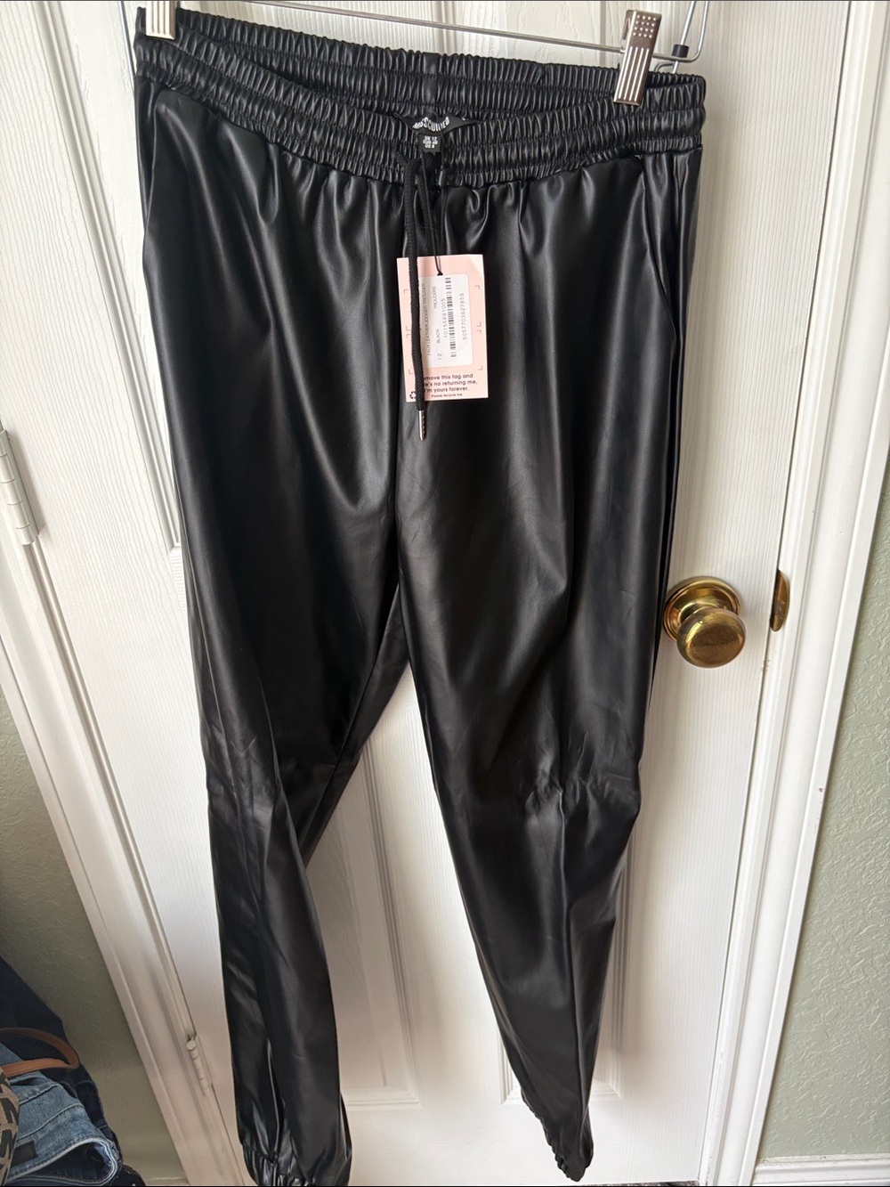 Missguided women’s Black Faux Leather Jogger Pants with Elastic Waist